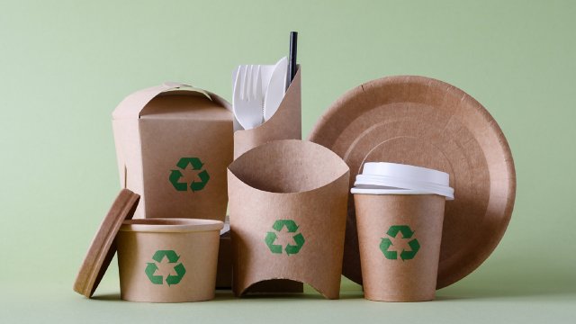 The concept of zero waste and recycling. Use of eco-friendly paper tableware and packaging made from biodegradable materials on a green background.